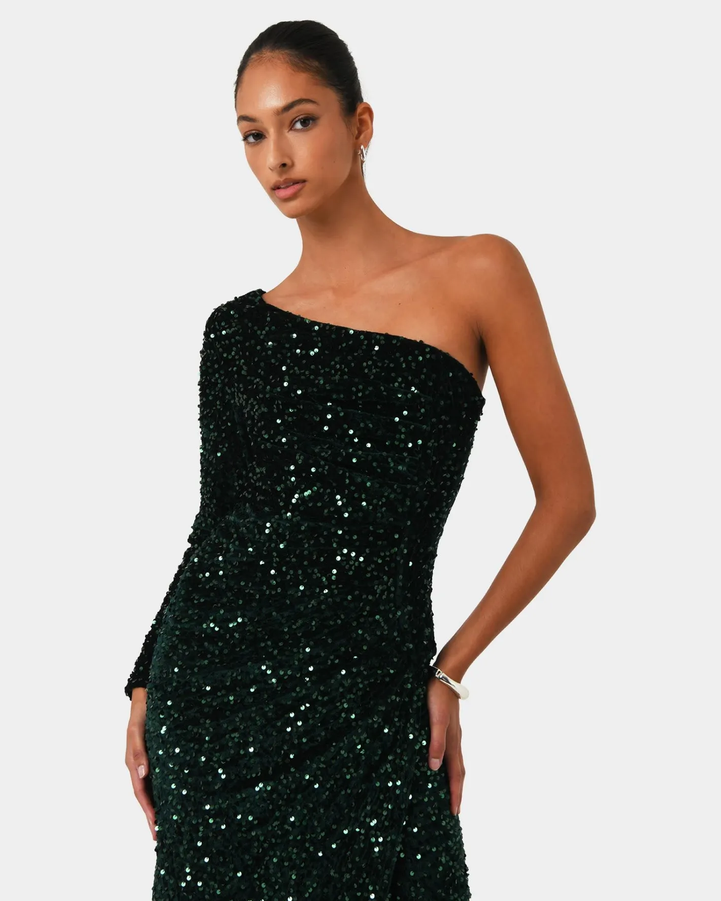 Forcast Ivy One Shoulder Sequin Dress Emerald Clearance