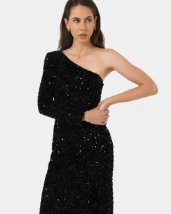 Forcast Ivy One Shoulder Sequin Dress Black Hot
