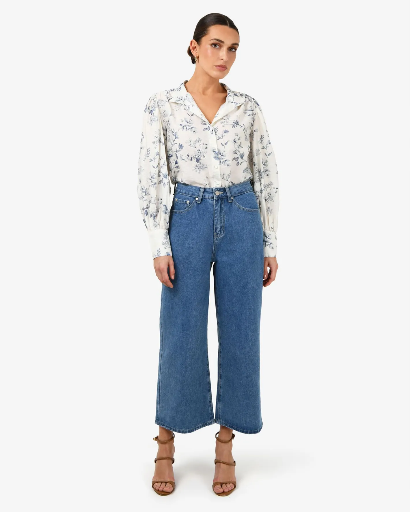Forcast Jasmine Floral Blouse Ivory Blue New