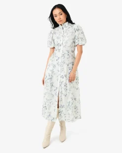 Forcast Jasmine Puff Sleeve Dress Ivory Blue Online