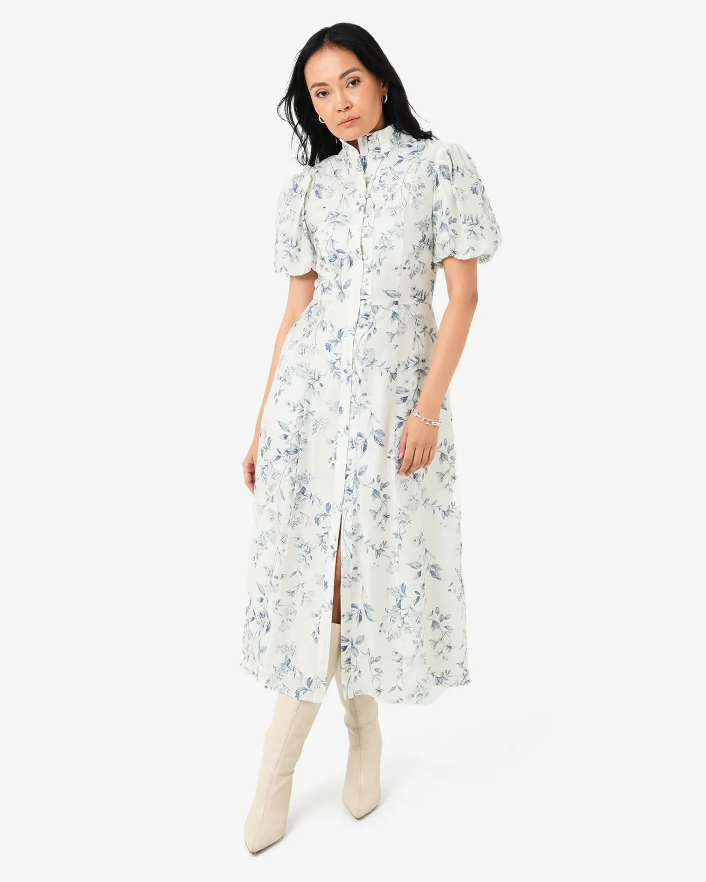 Forcast Jasmine Puff Sleeve Dress Ivory Blue Online