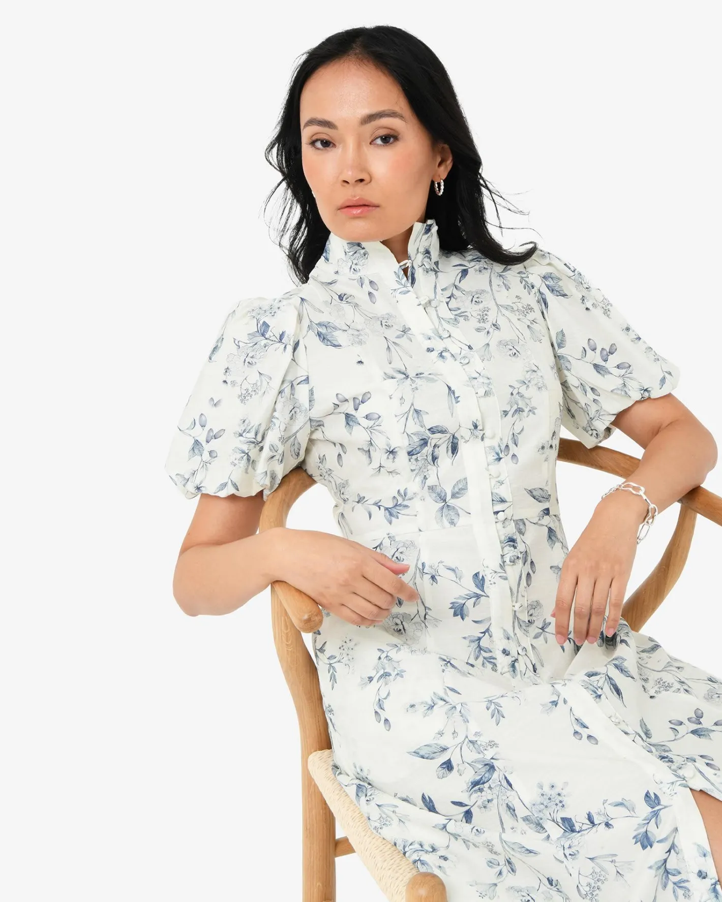 Forcast Jasmine Puff Sleeve Dress Ivory Blue Online