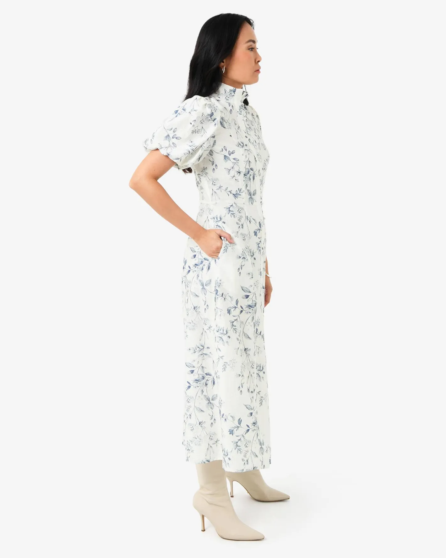 Forcast Jasmine Puff Sleeve Dress Ivory Blue Online