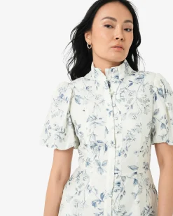Forcast Jasmine Puff Sleeve Dress Ivory Blue Online