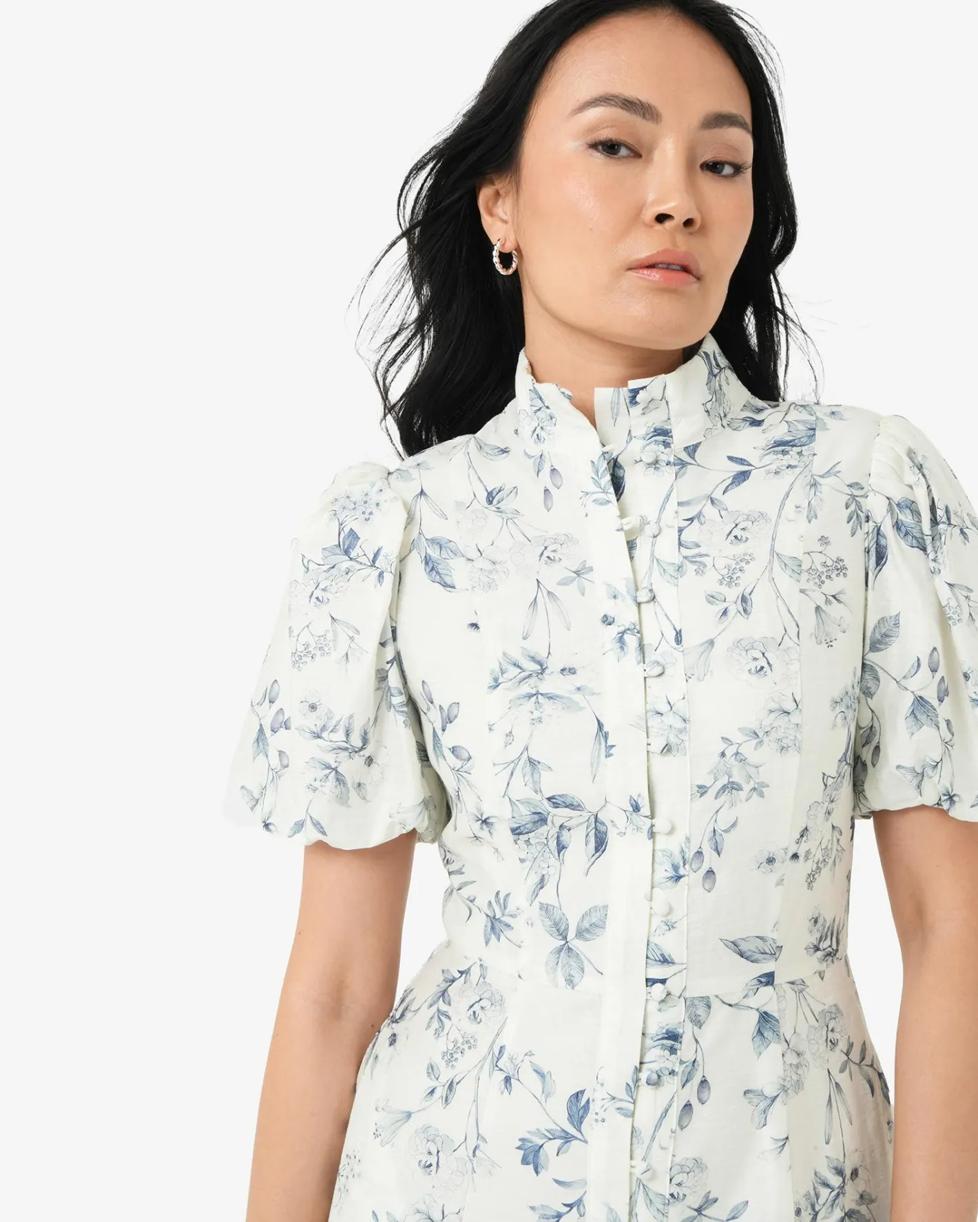 Forcast Jasmine Puff Sleeve Dress Ivory Blue Online