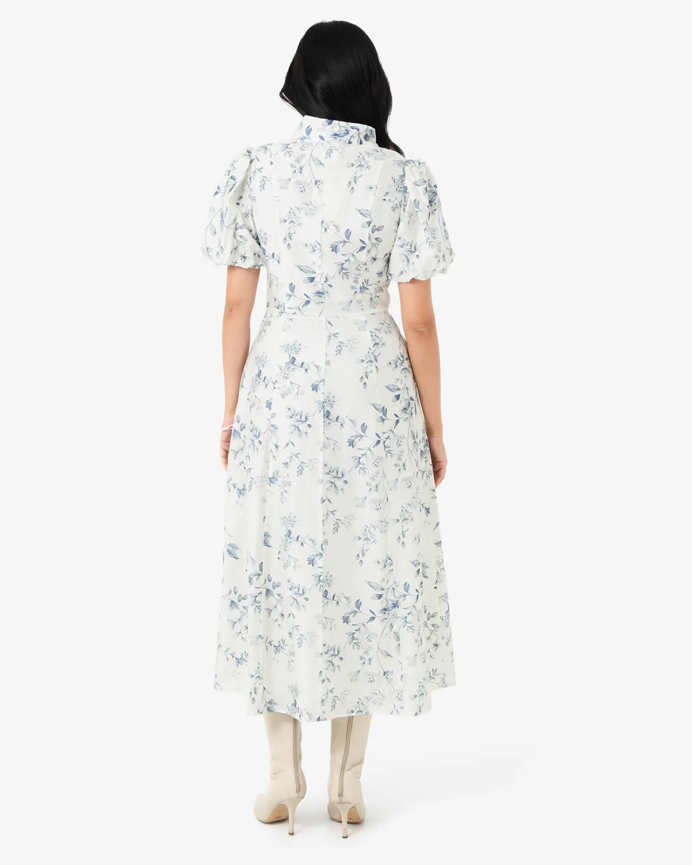 Forcast Jasmine Puff Sleeve Dress Ivory Blue Online