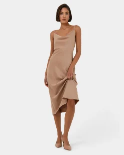 Forcast Joy Satin Cowl Neck Dress Warm Taupe Sale