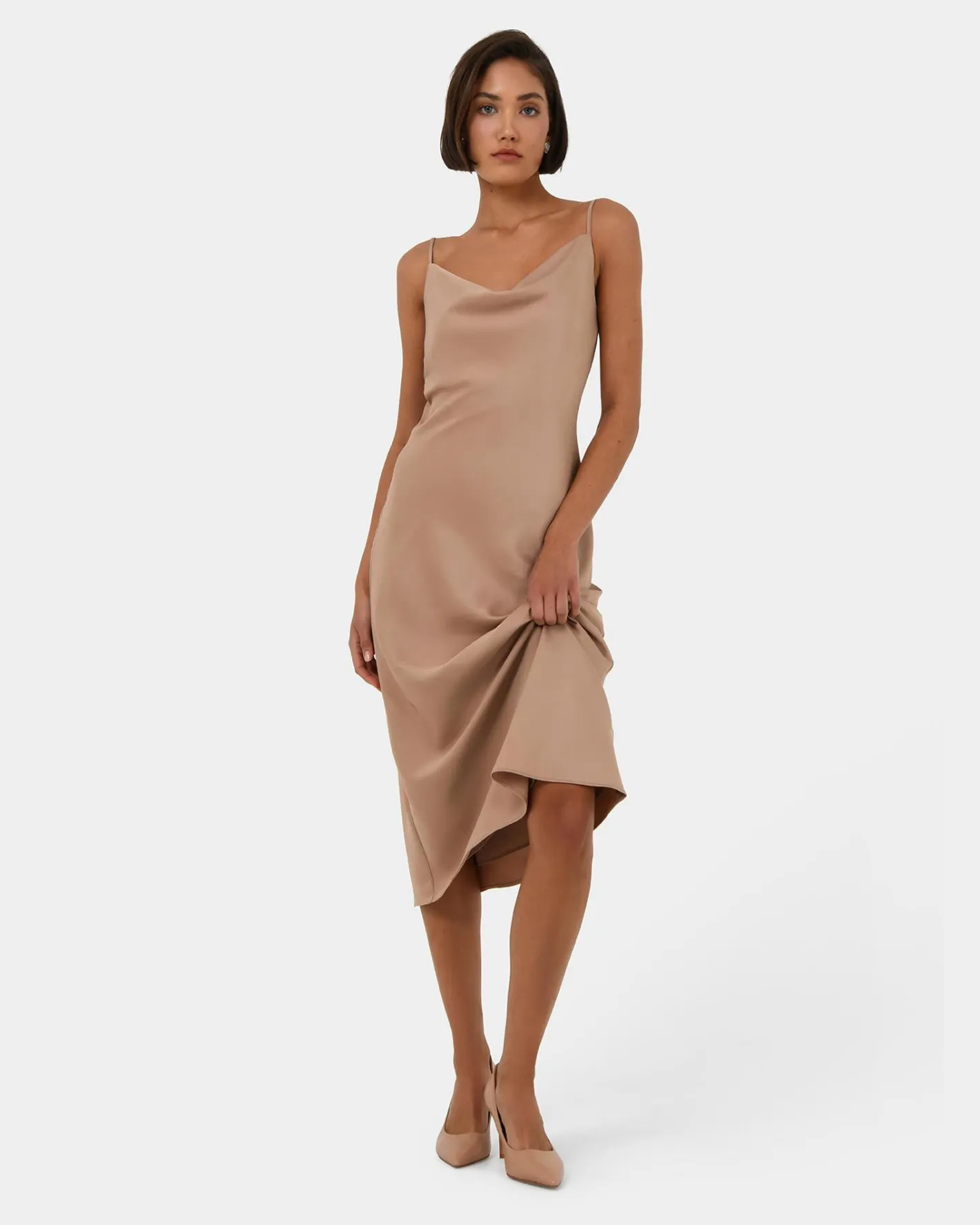 Forcast Joy Satin Cowl Neck Dress Warm Taupe Sale