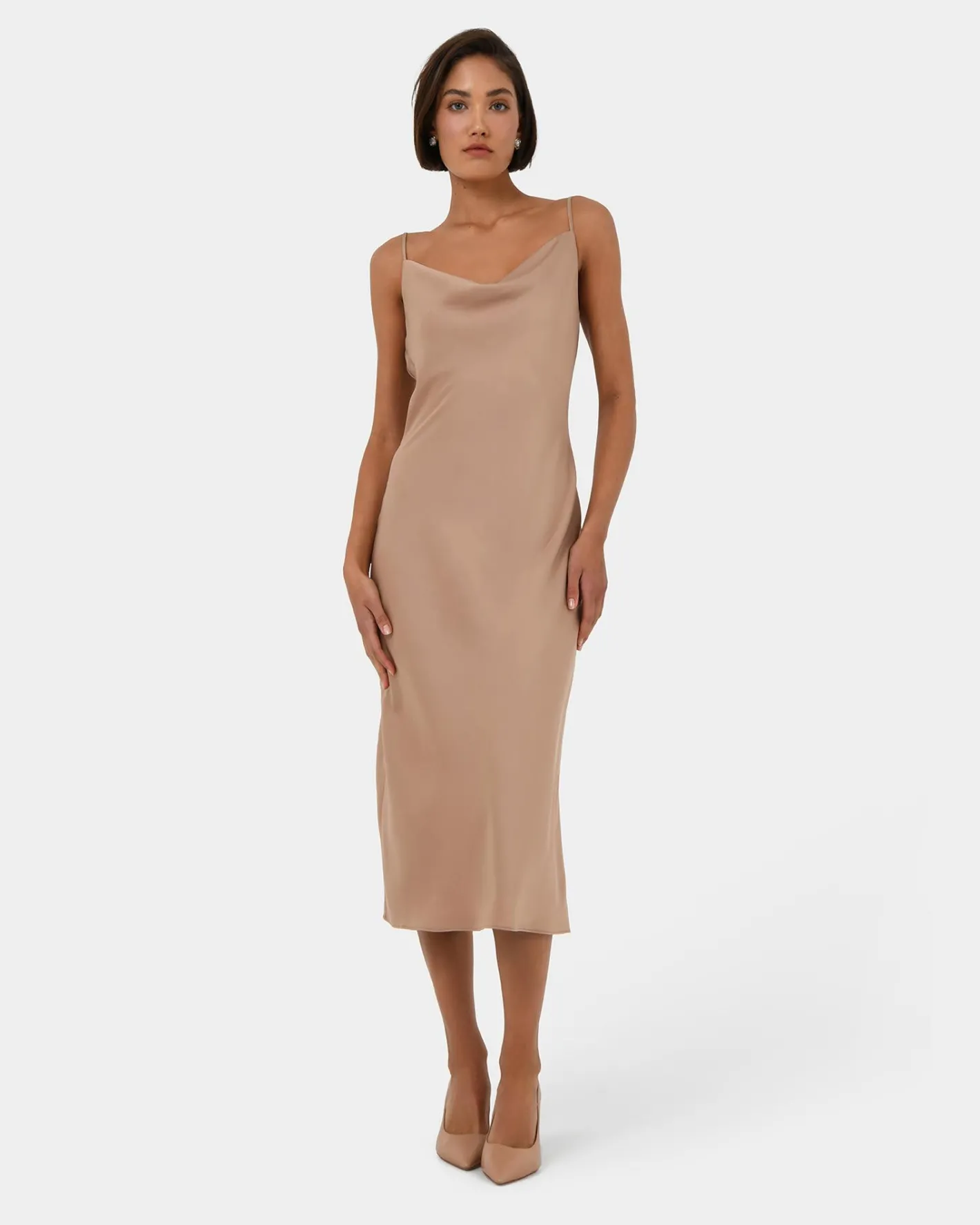 Forcast Joy Satin Cowl Neck Dress Warm Taupe Sale