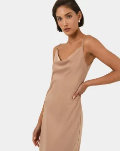 Forcast Joy Satin Cowl Neck Dress Warm Taupe Sale
