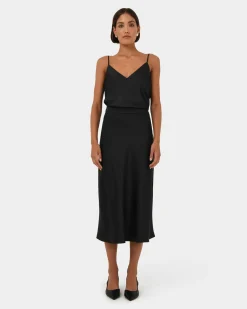 Forcast Joy Satin Midi Skirt Black Clearance