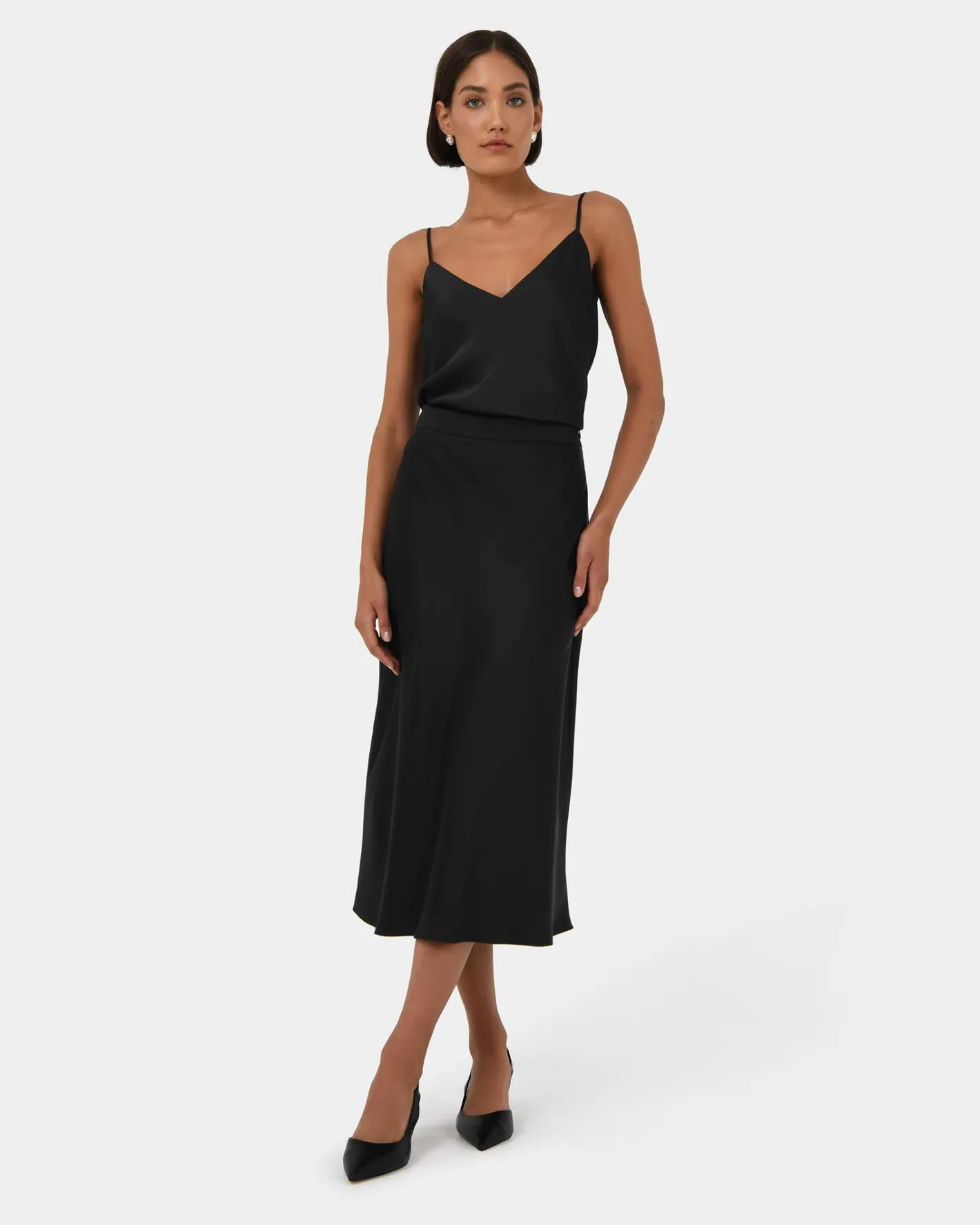 Forcast Joy Satin Midi Skirt Black Clearance