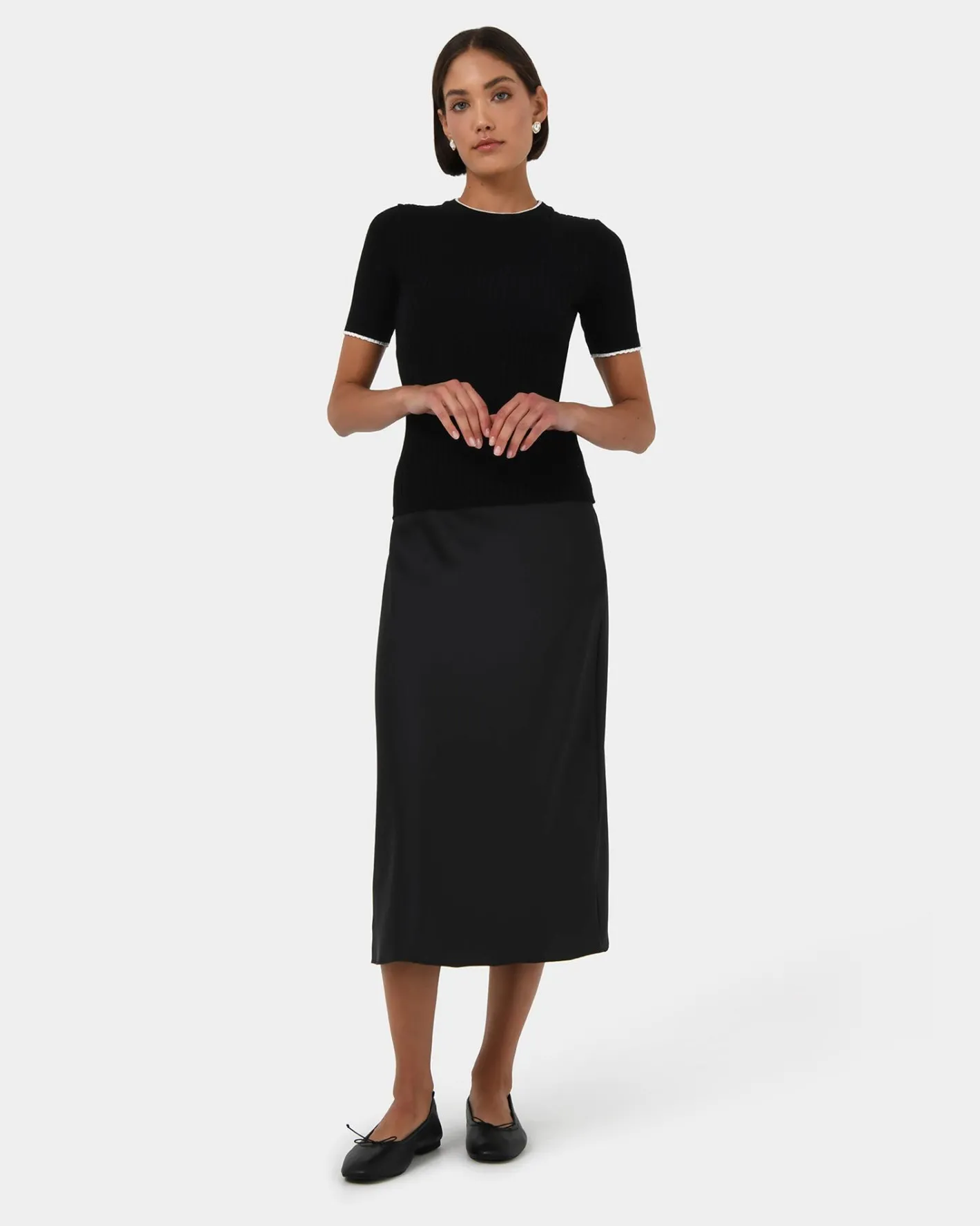 Forcast Joy Satin Midi Skirt Black Clearance