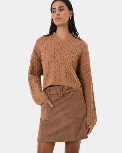 Forcast Julie Faux Suede Mini Skirt Camel New