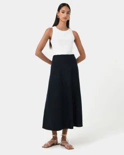 Forcast Kade Linen Blend Midi Skirt Navy