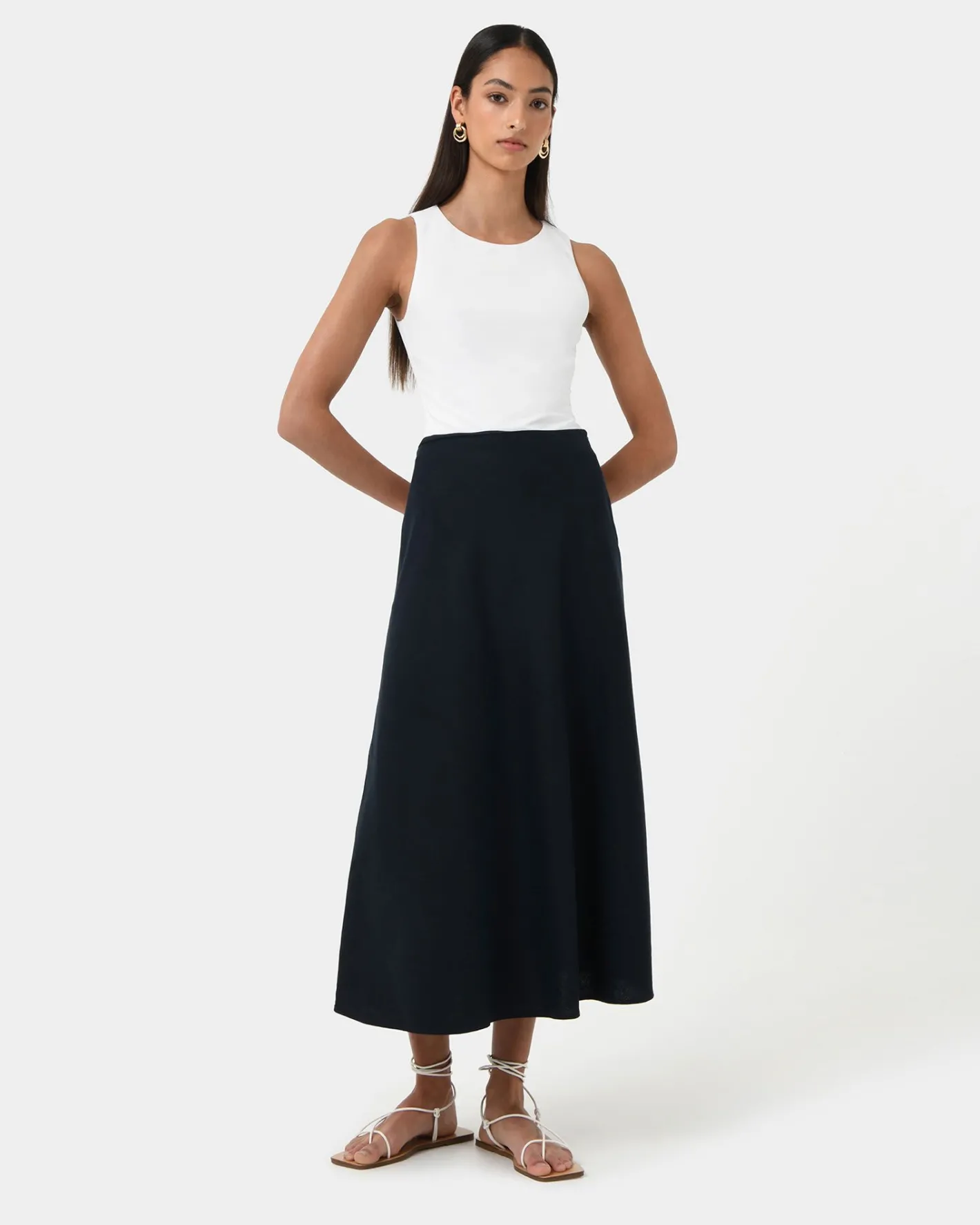 Forcast Kade Linen Blend Midi Skirt Navy