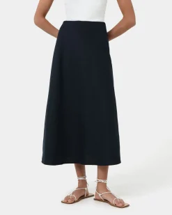 Forcast Kade Linen Blend Midi Skirt Navy