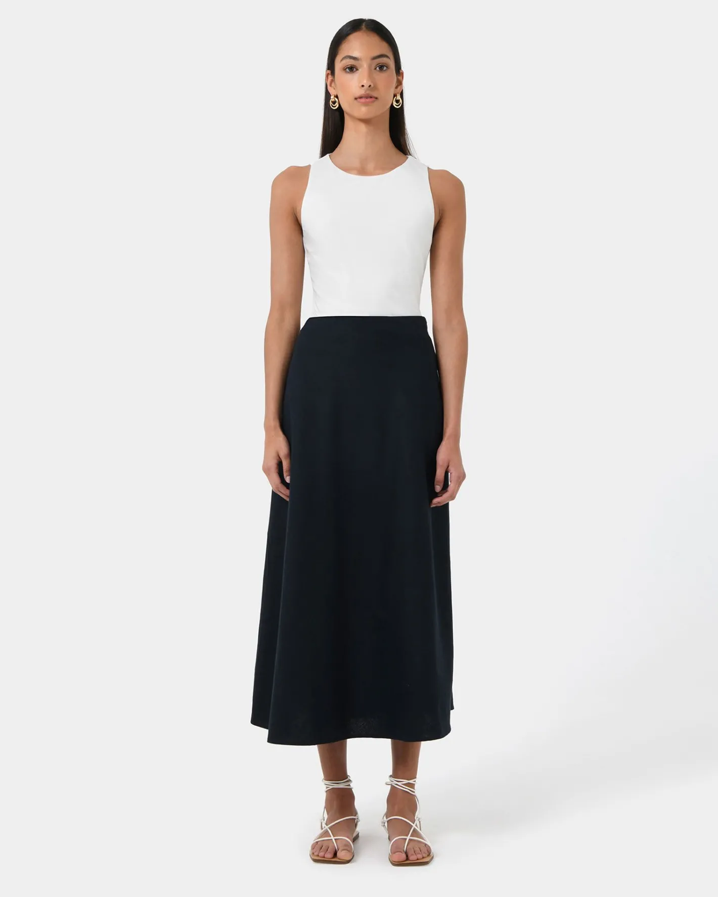 Forcast Kade Linen Blend Midi Skirt Navy