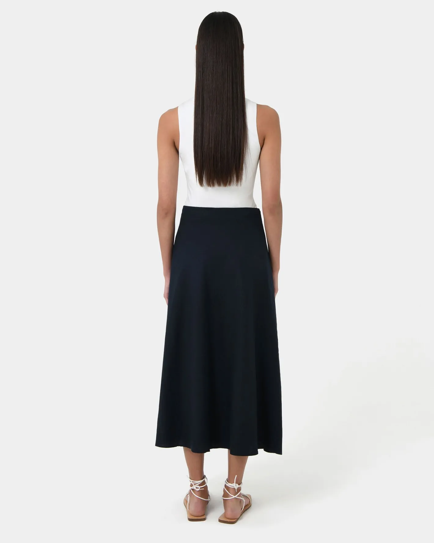 Forcast Kade Linen Blend Midi Skirt Navy