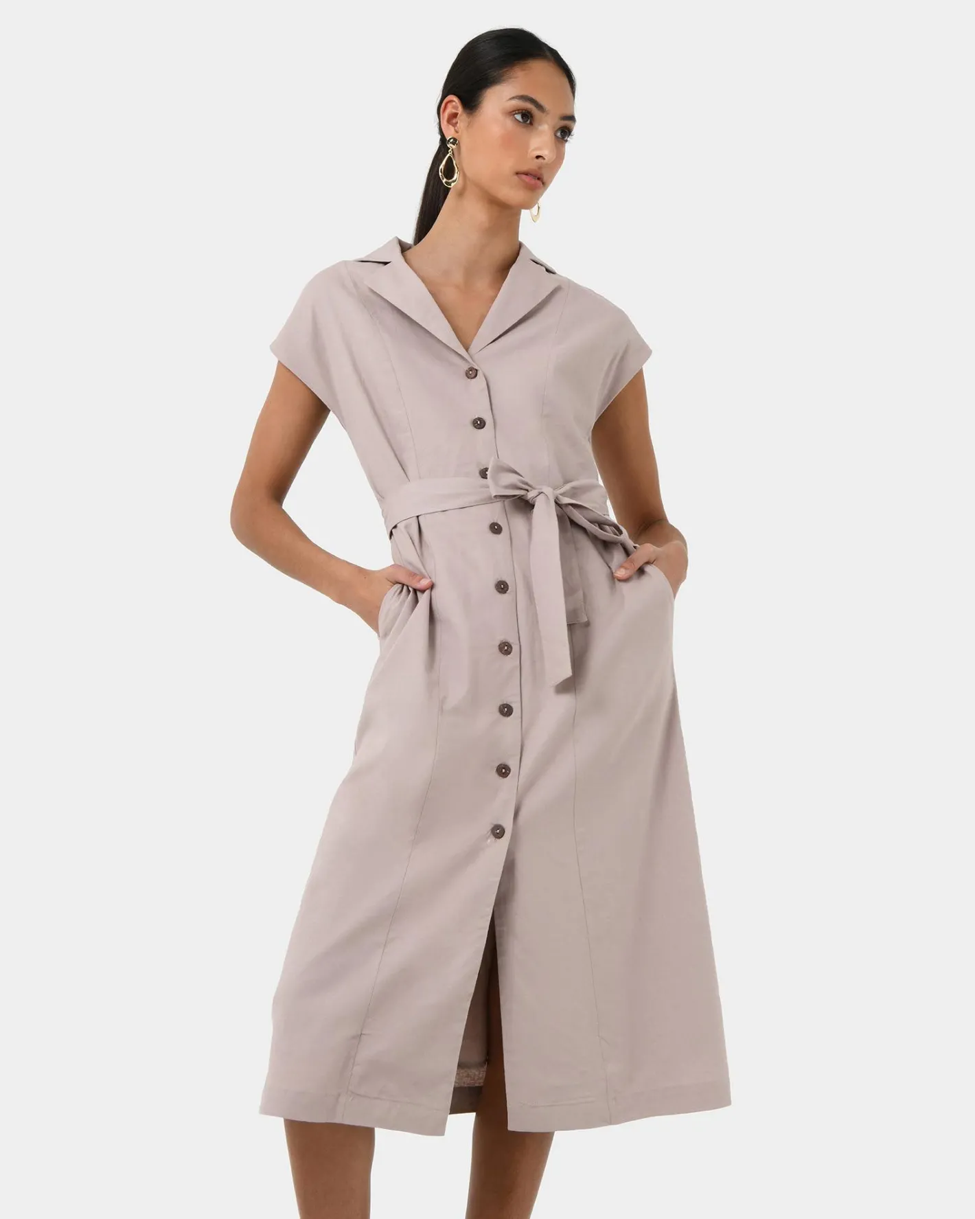 Forcast Kade V-neck Linen Dress Light Taupe Hot