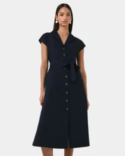 Forcast Kade V-neck Linen Dress Navy Hot