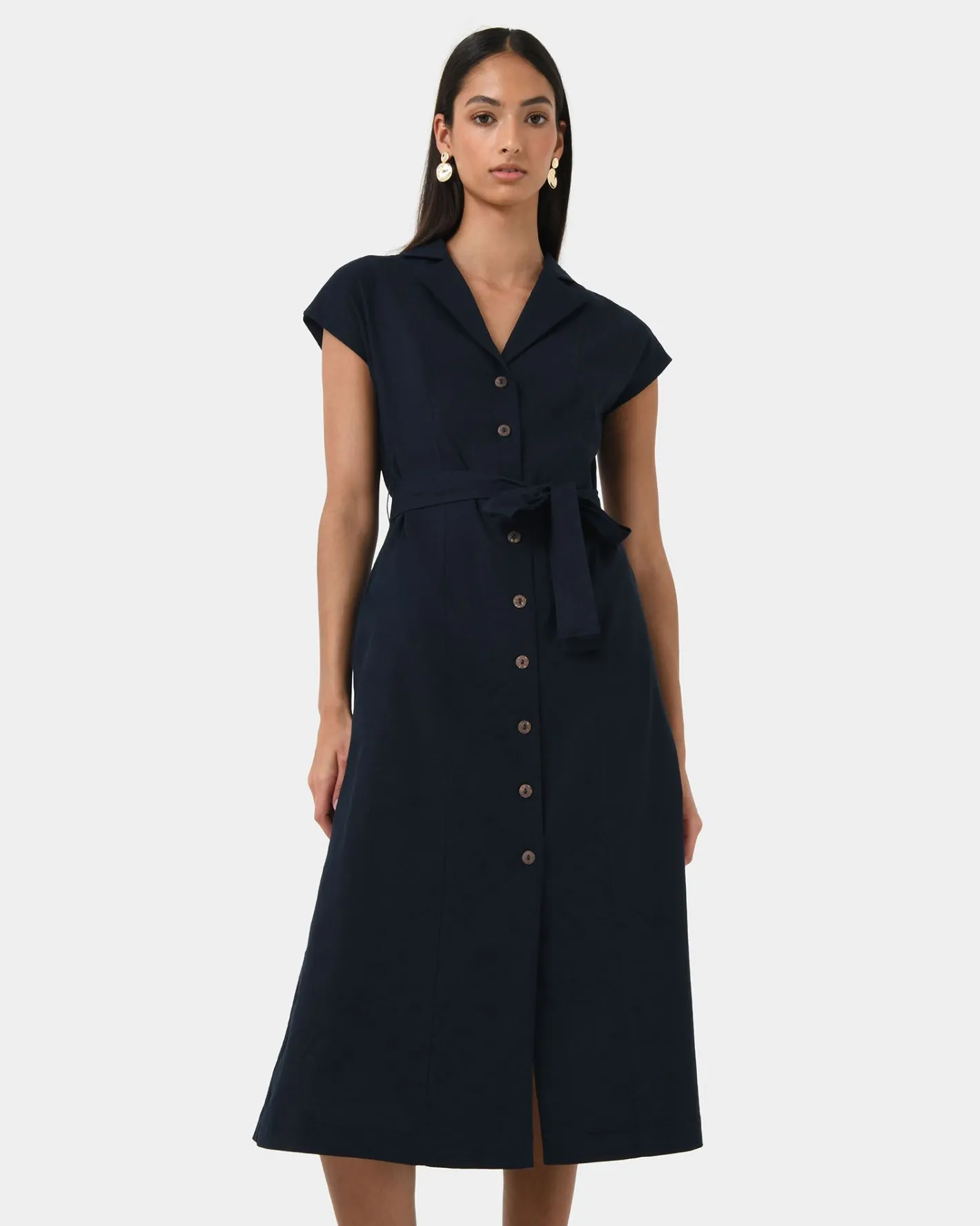Forcast Kade V-neck Linen Dress Navy Hot