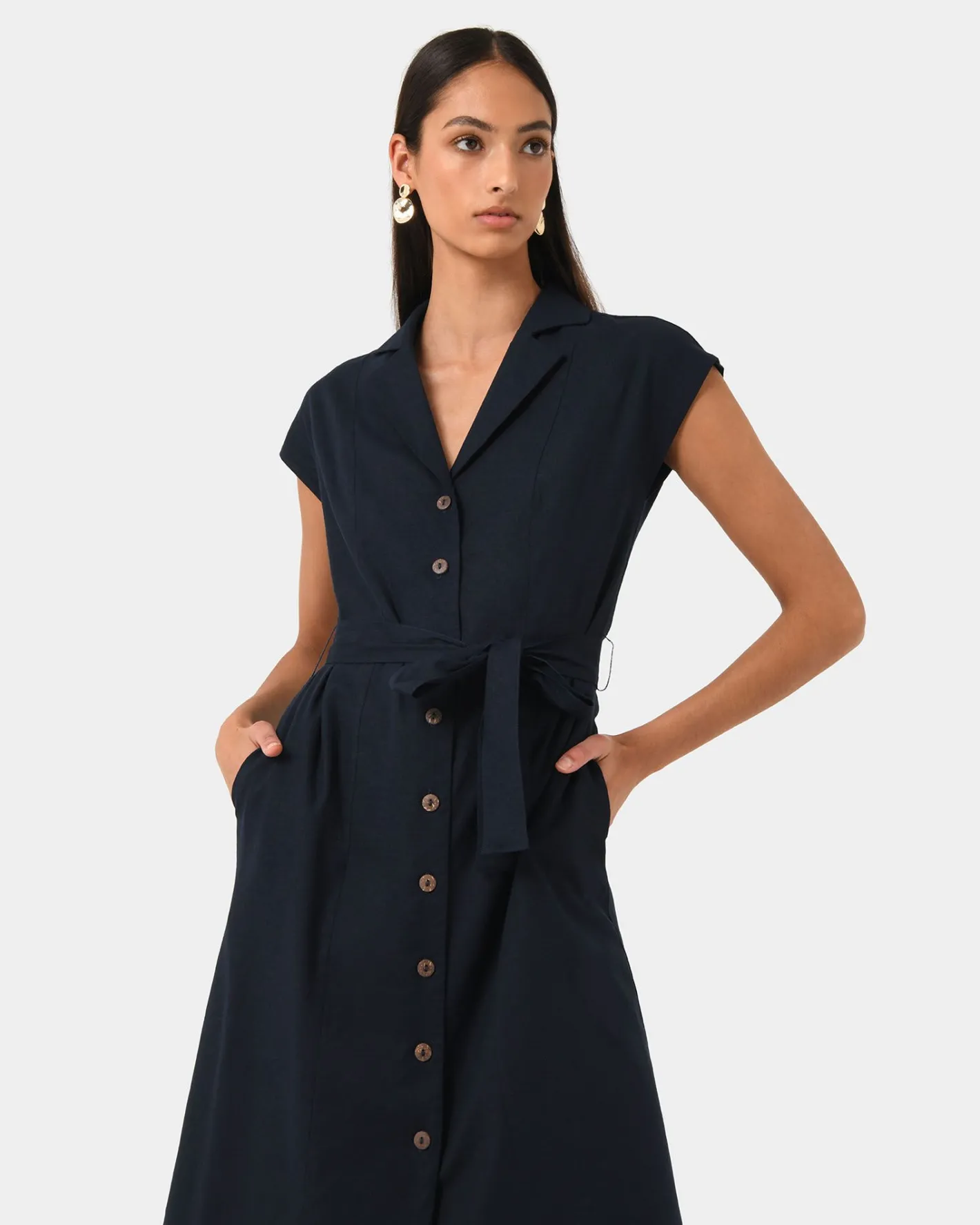 Forcast Kade V-neck Linen Dress Navy Hot