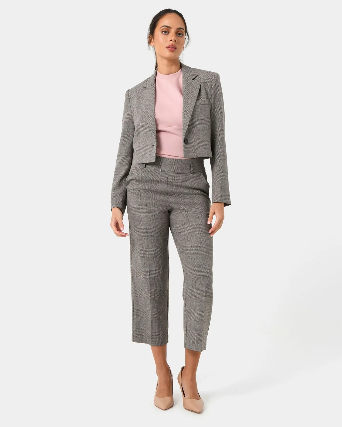 Forcast Kai Checked Crop Blazer Beige & Black Sale