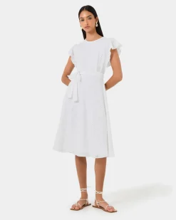 Forcast Kavya Tie-waist Cotton Dress White New