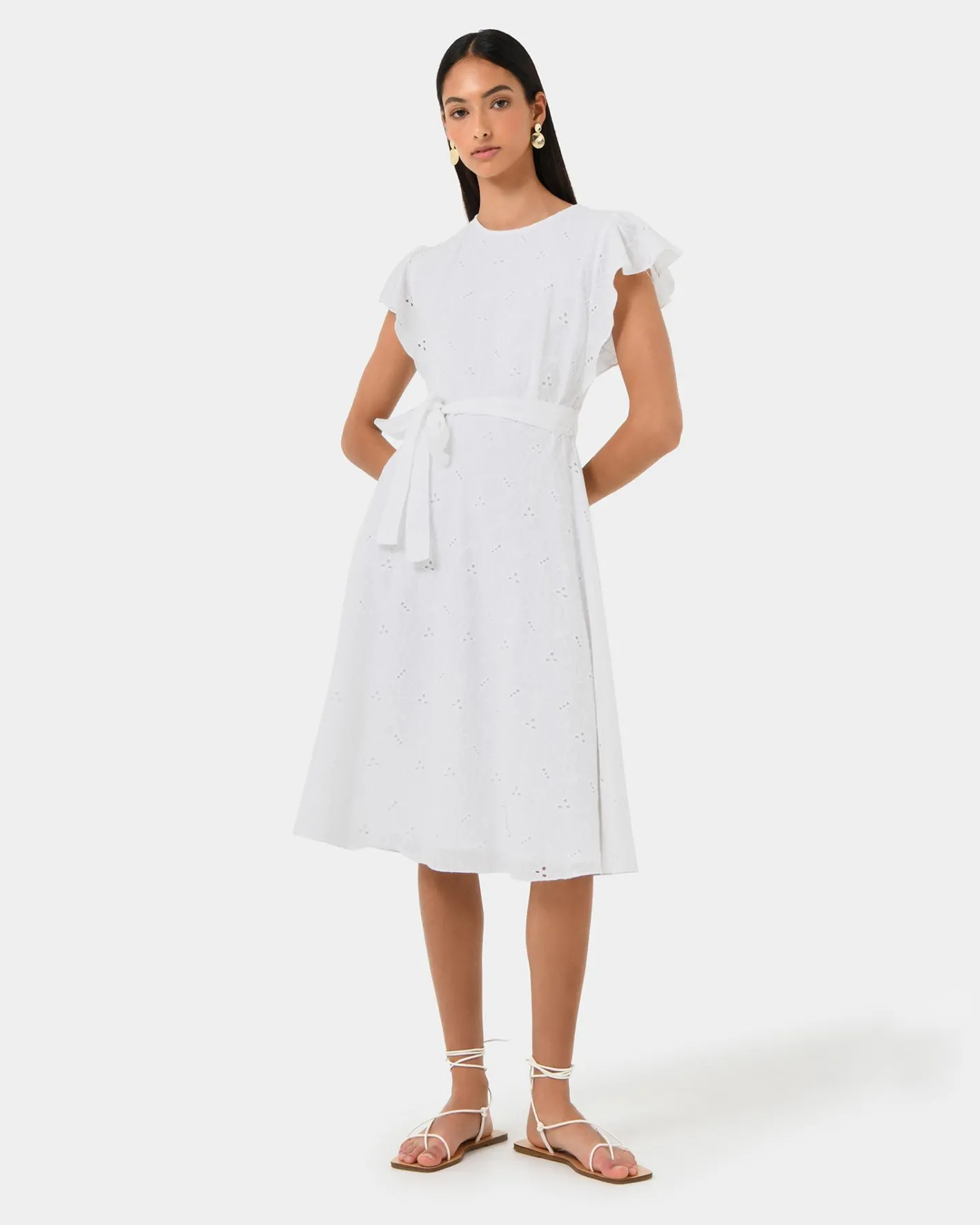 Forcast Kavya Tie-waist Cotton Dress White New