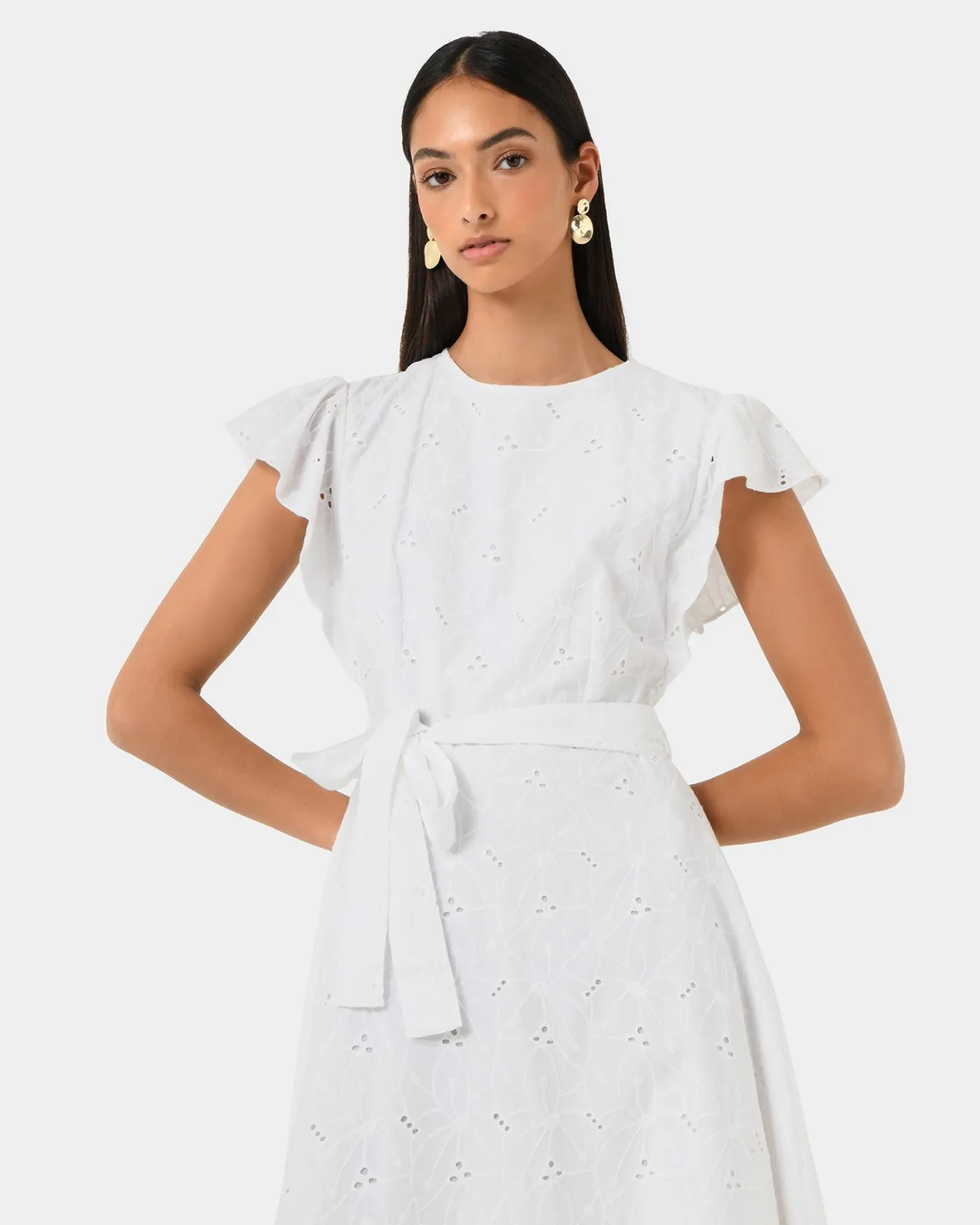 Forcast Kavya Tie-waist Cotton Dress White New