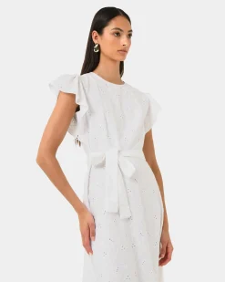 Forcast Kavya Tie-waist Cotton Dress White New