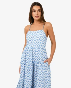 Forcast Kela Embroidery Maxi Dress Blue Ivory Clearance