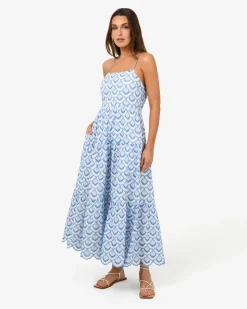 Forcast Kela Embroidery Maxi Dress Blue Ivory Clearance