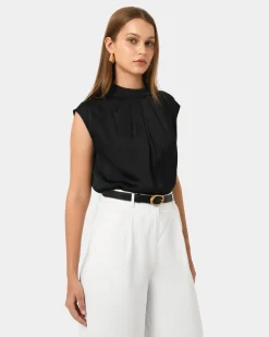 Forcast Kiar Pleated Satin Top Black