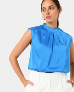 Forcast Kiar Pleated Satin Top Oriental Blue