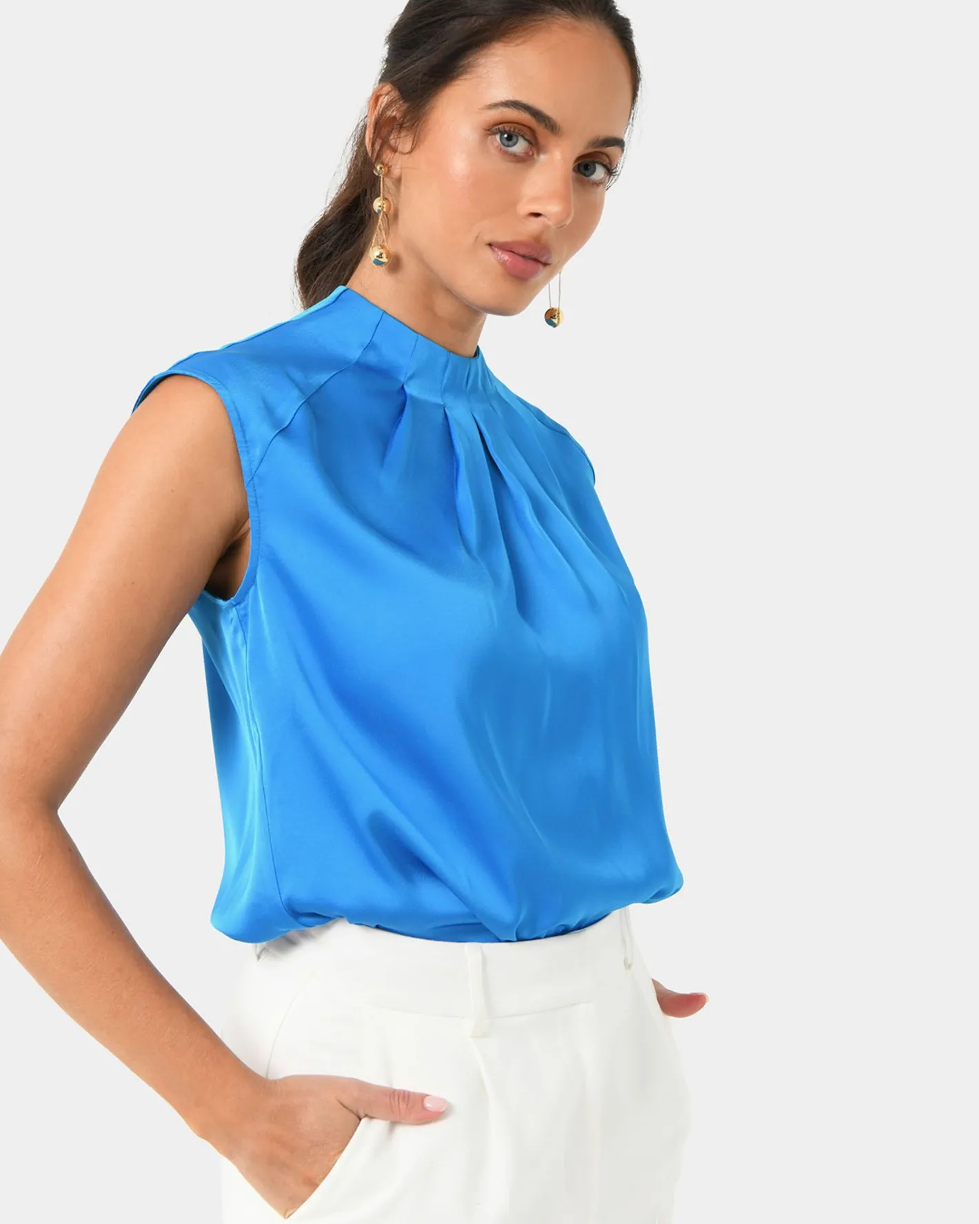 Forcast Kiar Pleated Satin Top Oriental Blue