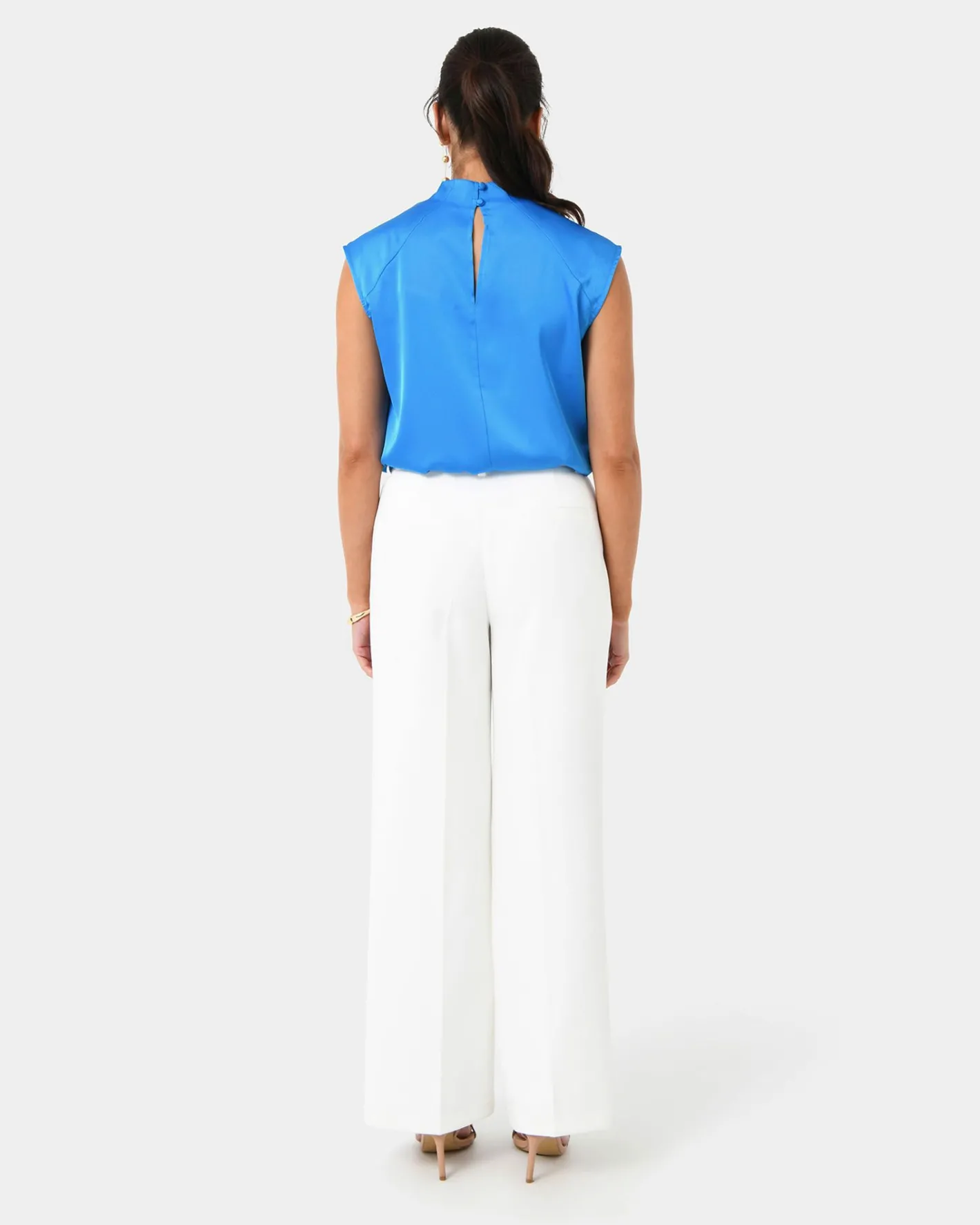 Forcast Kiar Pleated Satin Top Oriental Blue