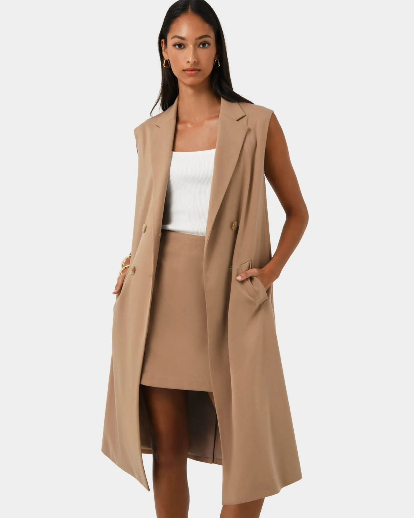 Forcast Kiya Longline Sleeveless Vest Latte Outlet