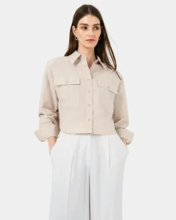 Forcast Kyla Crop Pocket Shirt Beige Discount