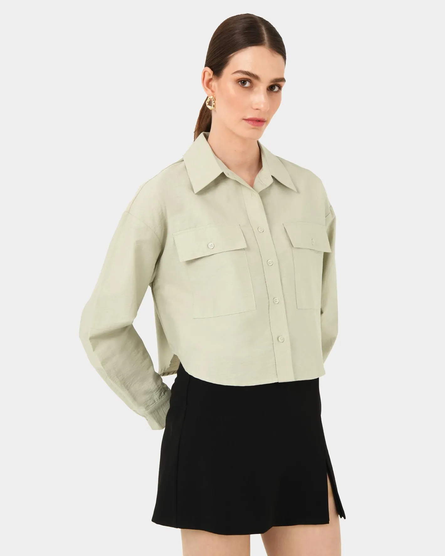 Forcast Kyla Crop Pocket Shirt Light Khaki Outlet