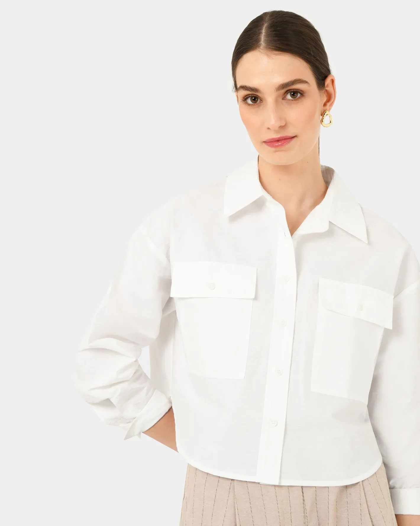 Forcast Kyla Crop Pocket Shirt Ivory Discount