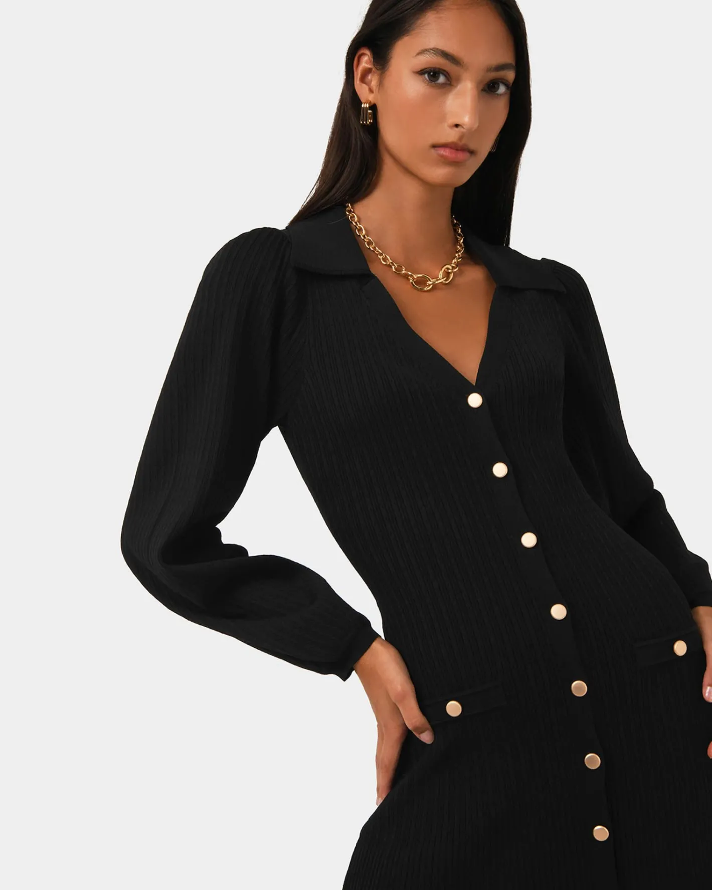 Forcast Lara Collar Midi Knit Dress Black Hot