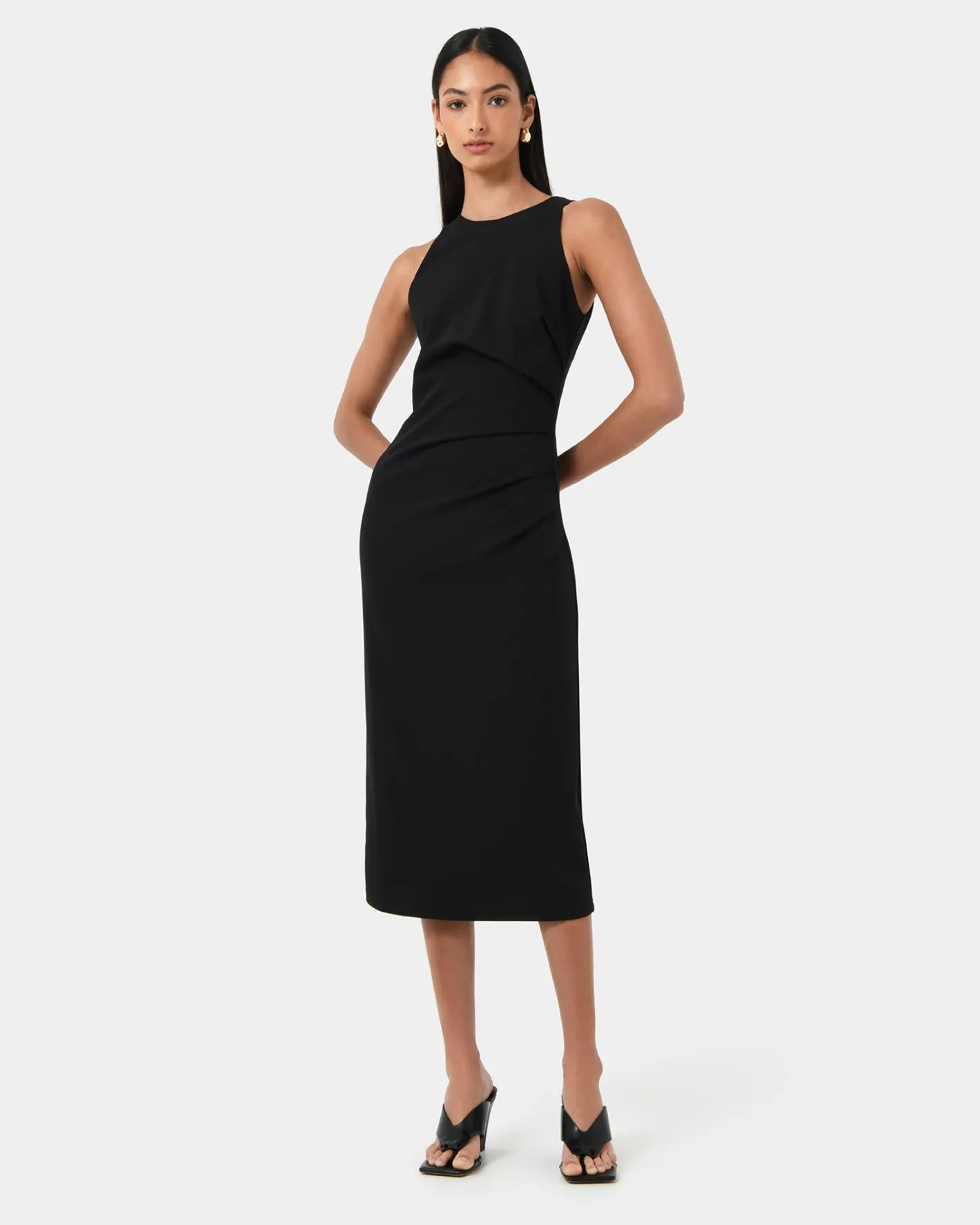 Forcast Leah Side Ruched Midi Dress Black New