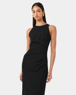Forcast Leah Side Ruched Midi Dress Black New