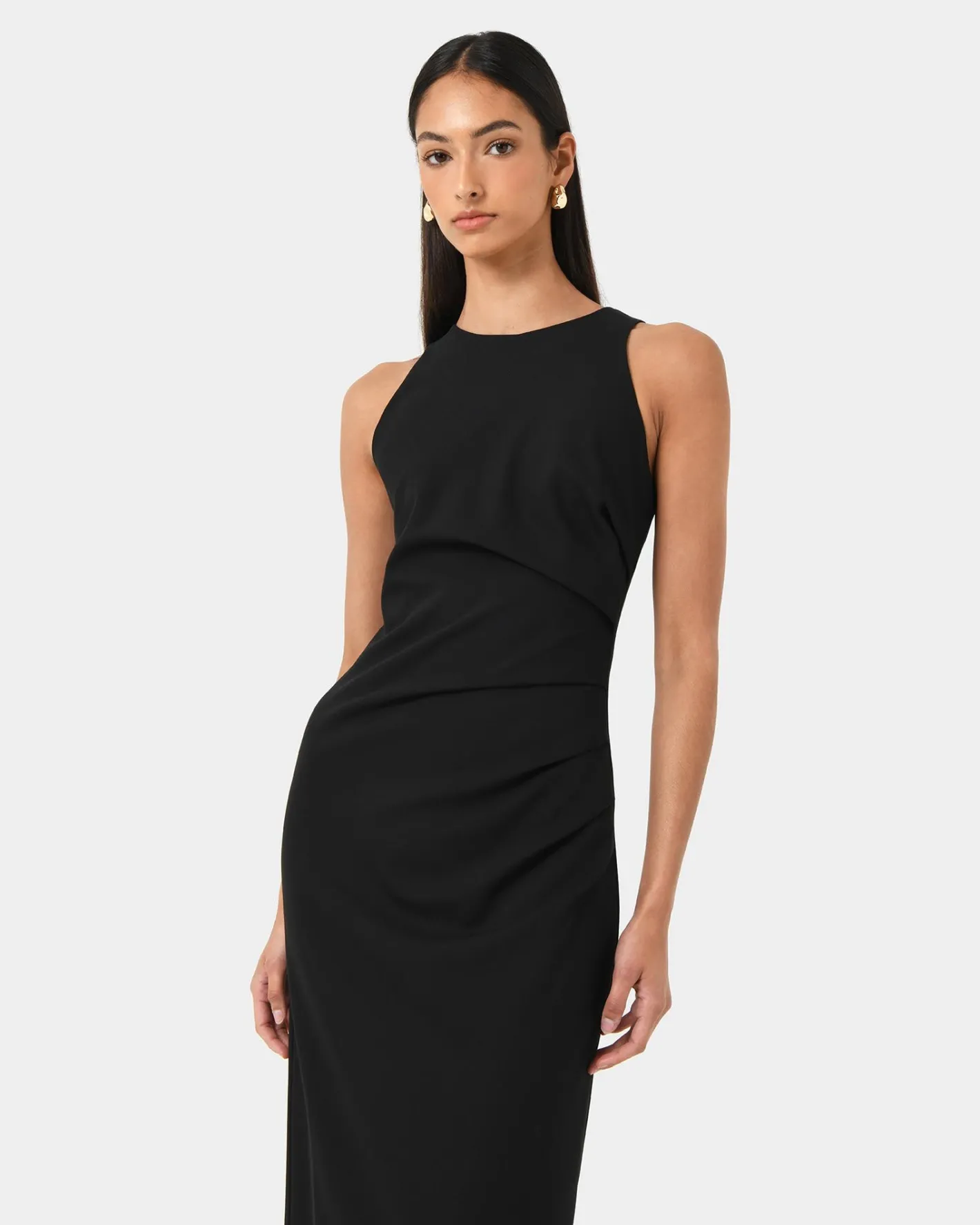 Forcast Leah Side Ruched Midi Dress Black New
