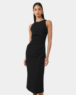 Forcast Leah Side Ruched Midi Dress Black New