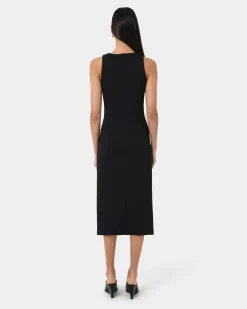 Forcast Leah Side Ruched Midi Dress Black New