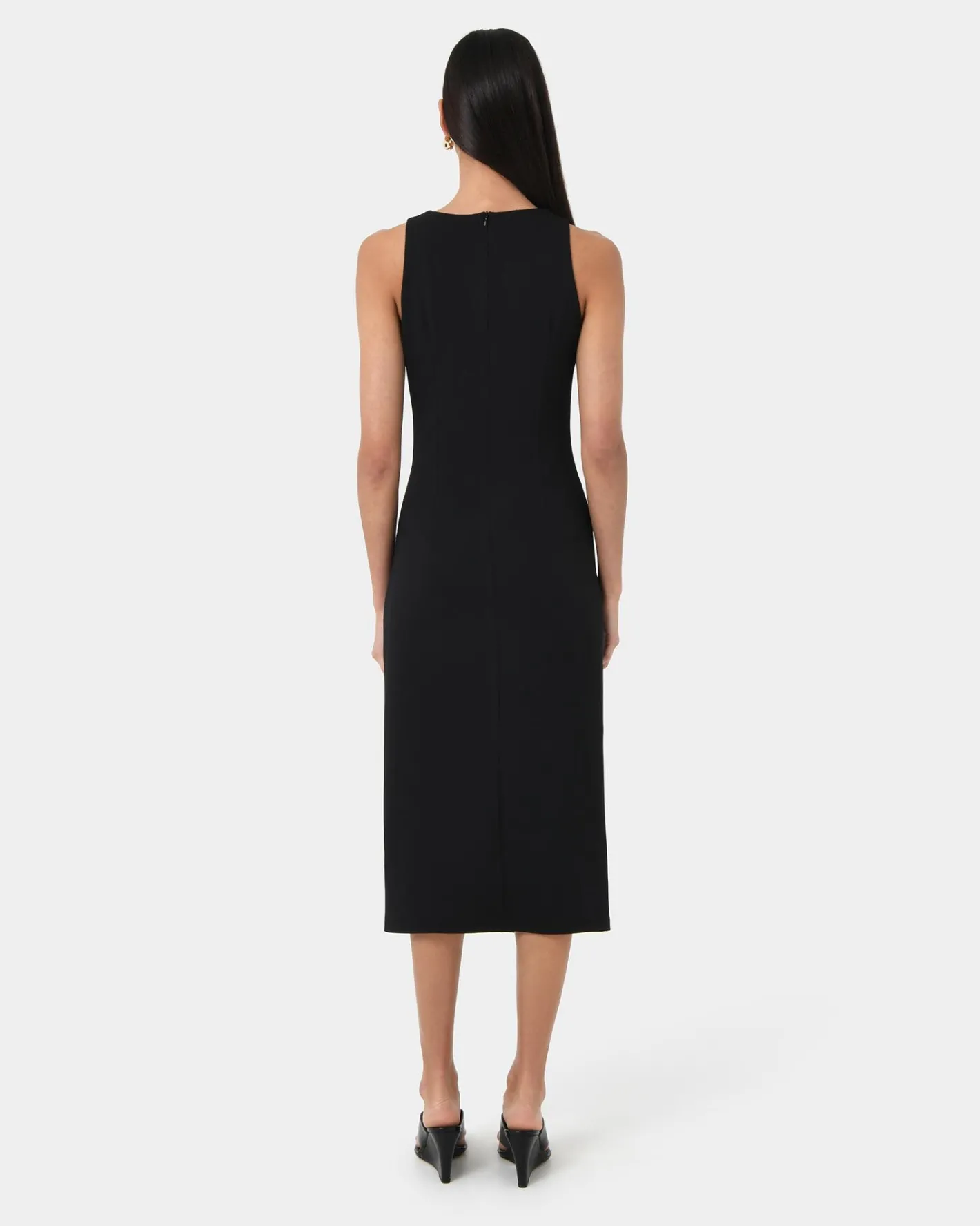 Forcast Leah Side Ruched Midi Dress Black New