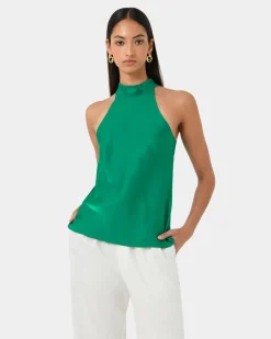 Forcast Leana Satin Bias Tie Top Emerald Sale